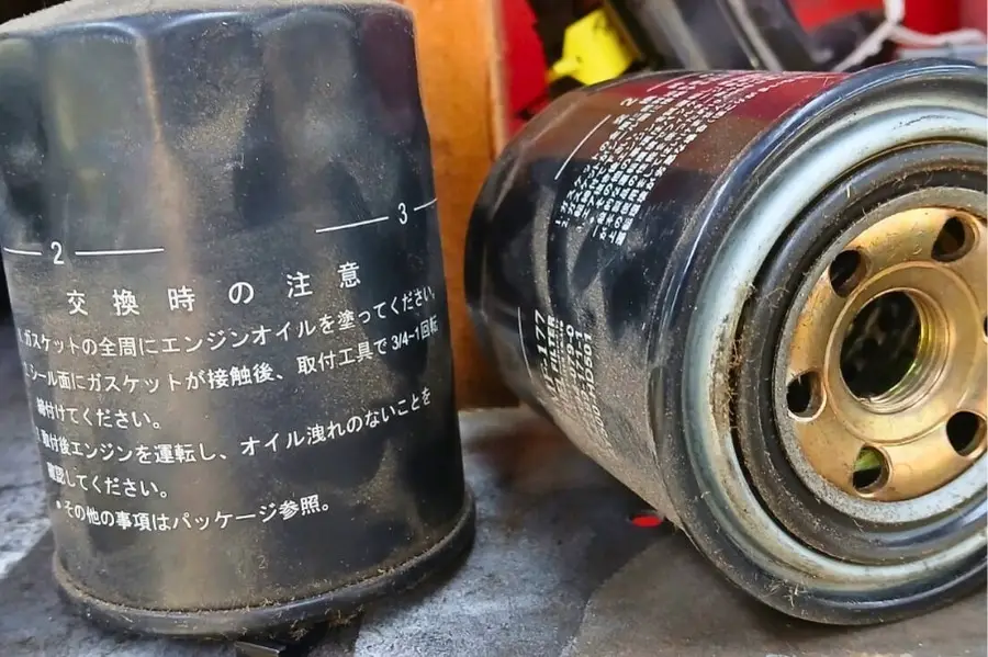 Close-up of Japanese car oil filters